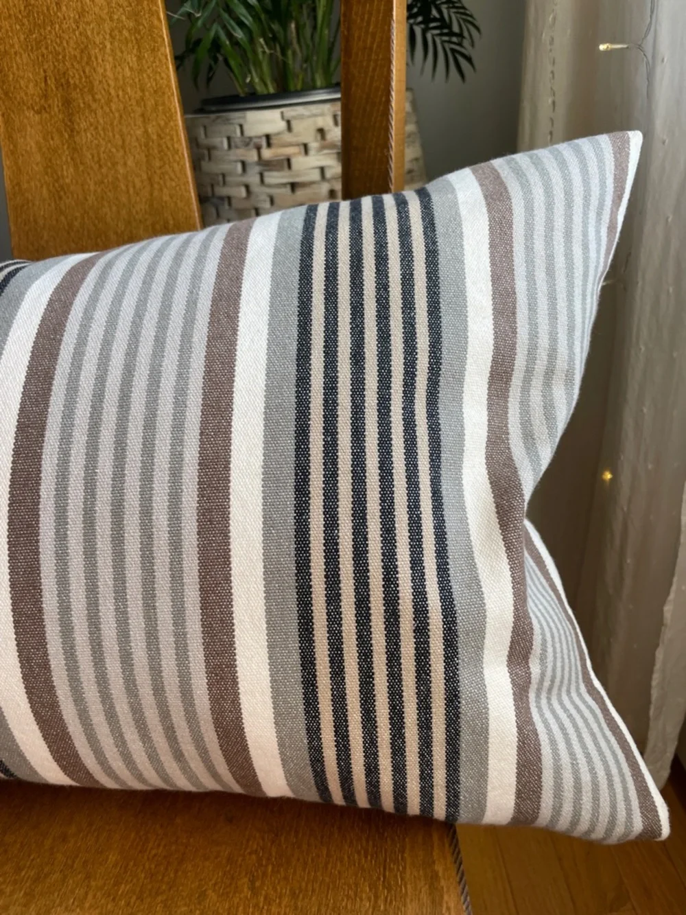 IKEA Striped Lumbar Pillow in Brown, Gray, and White